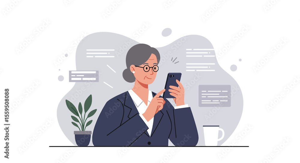 a woman in a suit sitting at a table with a phone a woman in a suit sitting at a table with a phone