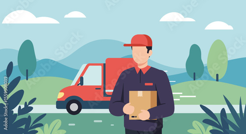 A dedicated delivery person stands with a parcel as a vibrant red shipping truck travels quickly along a picturesque road.