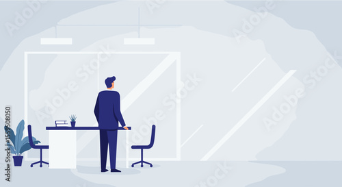 A businessman stands in a modern office, gazing out of the window, contemplating a decision, the interior design featuring minimalist furniture and a bright, airy atmosphere.