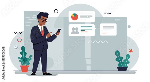 a man in a suit standing next to a wall with a phone