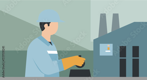 A male factory worker in a blue uniform operates a large industrial machine inside a factory building, overseeing the production process.