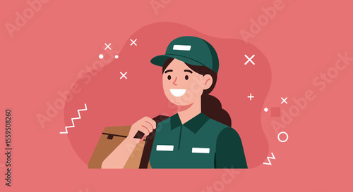 a person wearing a green uniform and cap, smiling and holding a brown bag. Suitable for landing page, banner, marketing, web design, presentation, infographic, etc.