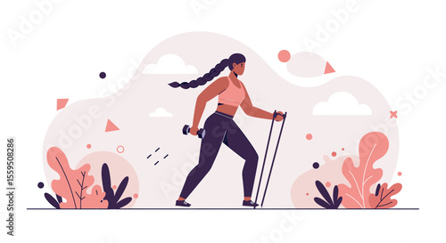 A woman is doing Nordic walking with dumbbells in a stylized illustration, promoting fitness and a healthy lifestyle with a clean design aesthetic.
