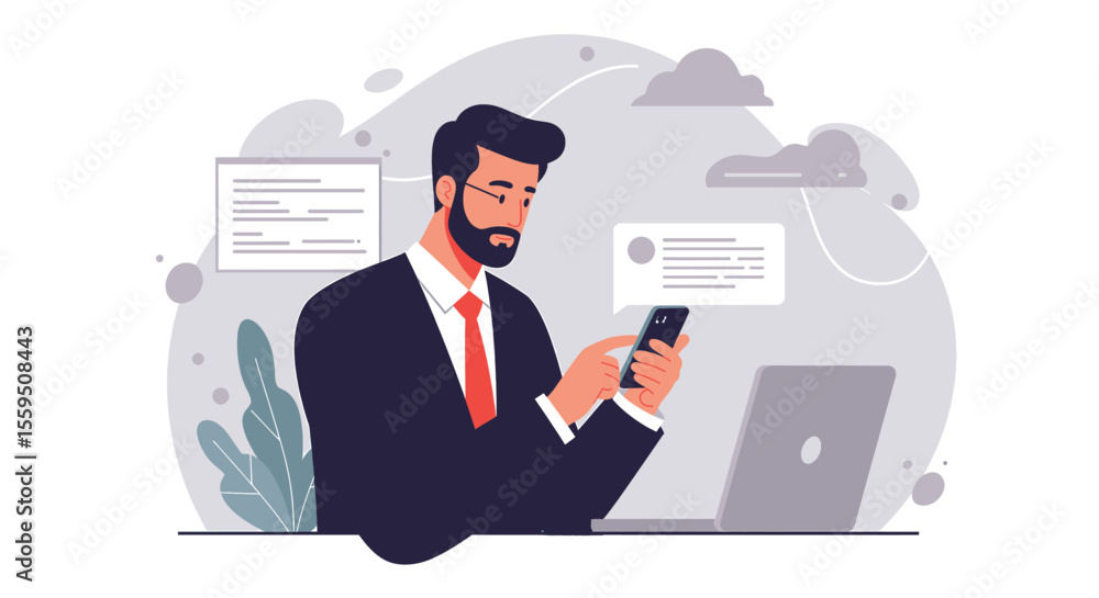 a man in a suit sitting at a desk with a phone and papers a man in a suit sitting at a desk with a phone and papers