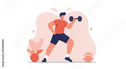 a man in a red shirt and blue shorts, lifting a dumbbell, with a plant and a fire hydrant in the background. Suitable for landing page, banner, marketing, web design, presentation, infographic, etc.