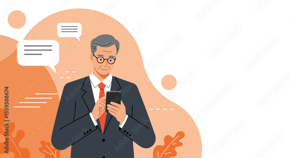 a man in a suit and glasses standing and looking at his smartphone, with speech bubbles above him. Suitable for landing page, banner, marketing, web design, presentation, infographic, etc. a man in a suit and glasses standing and looking at his smartphone, with speech bubbles above him. Suitable for landing page, banner, marketing, web design, presentation, infographic, etc.