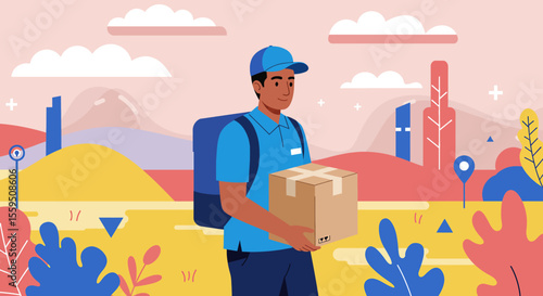 Friendly delivery person carrying a package against a stylized landscape background, conveying a sense of reliable and timely delivery service.