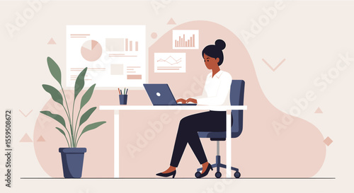 A professional woman works diligently on her laptop at a modern desk, surrounded by data charts and a potted plant, signifying productivity and success.