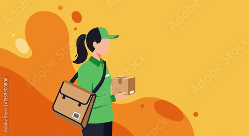 A delivery person, wearing a green uniform and cap, carries a package with a messenger bag, against an abstract orange background, representing fast shipping.