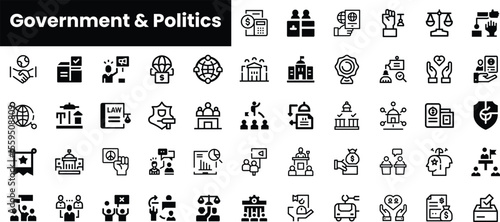 A diverse collection of black and white icons representing government and politics, showcasing symbols of democracy, law, and civic engagement.
