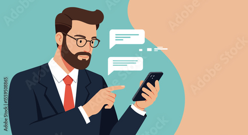 A bearded man wearing glasses and a suit is depicted in a modern vector illustration, holding a smartphone and interacting with message bubbles, showcasing communication.