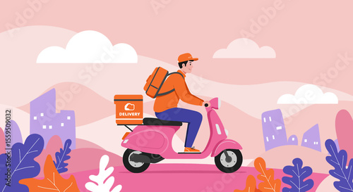A vibrant vector illustration depicts a delivery service worker on a pink scooter navigating a stylized cityscape with a package, emphasizing convenience and speed.