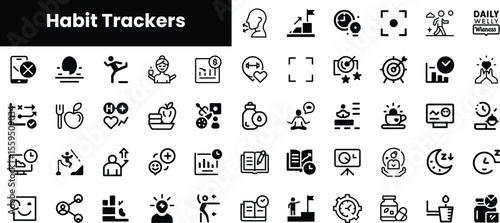 A compilation of black and white icons representing various habit trackers for fitness, health, and wellness, ideal for personal development and productivity.