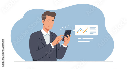A stylish businessman in a suit is intently using his smartphone, possibly analyzing financial data or engaging in mobile commerce.