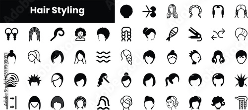A diverse collection of hair styling icons showcasing various hairstyles and tools, ideal for beauty and fashion themes.
