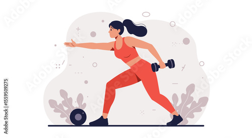 A sporty woman in red sportswear is doing exercises with dumbbells, stretching her arm forward in a fitness routine against an abstract background.