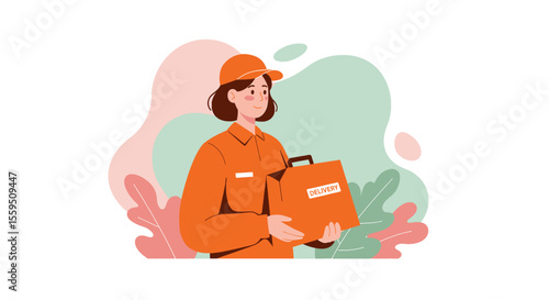 A cheerful delivery person, depicted in a flat illustration style, is holding a package, conveying the concept of fast and reliable shipping service.