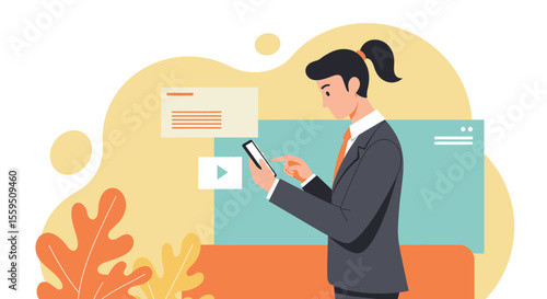 a woman in a suit is using her phone