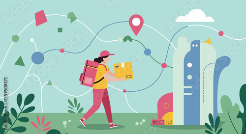 A delivery woman carrying a package approaches a modern house, showcasing the convenience and efficiency of online shopping and home delivery services in a vibrant scene.