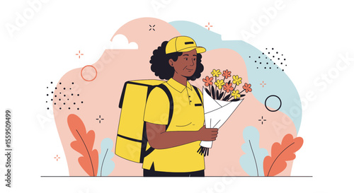 A friendly Black woman delivery person, dressed in a yellow uniform and cap, holds a beautiful bouquet of flowers against an abstract background.