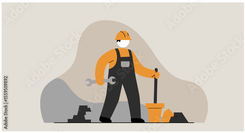 A construction worker in protective gear uses tools to dig and repair a pipe, symbolizing infrastructure maintenance and hard labor.
