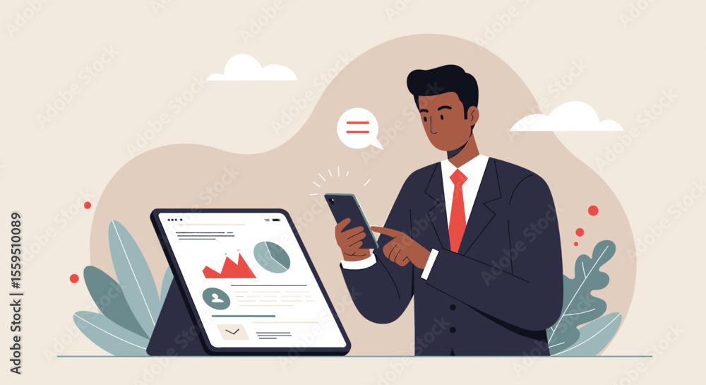 A man in a suit is using a tablet, which displays a graph, with a speech bubble above him containing text. Suitable for landing page, banner, marketing, web design, presentation, infographic, etc. A man in a suit is using a tablet, which displays a graph, with a speech bubble above him containing text. Suitable for landing page, banner, marketing, web design, presentation, infographic, etc.