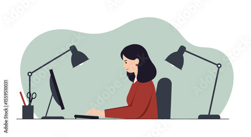 a woman sitting at a desk, working on a computer with two desk lamps providing light. Suitable for landing page, banner, marketing, web design, presentation, infographic, etc.