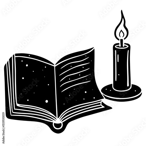 Minimalist silhouette of an open book with candle—perfect for fantasy lovers, dark academia art, or vintage-themed posters.

