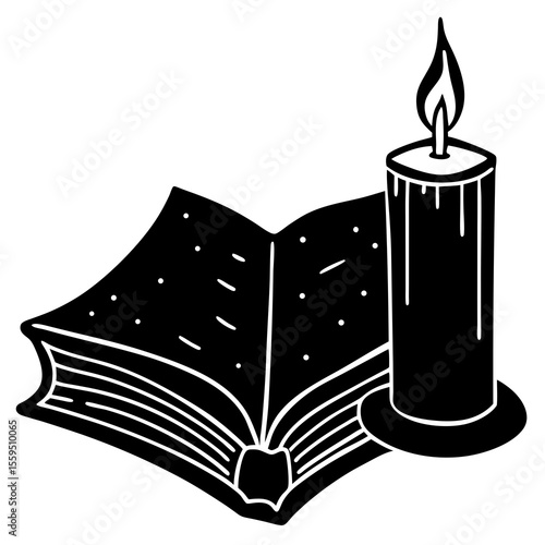 Book with candle vector silhouette—use for fantasy lovers, literature fans, or vintage World Book Day visuals.