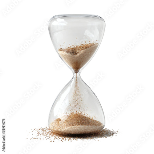 Plastic-style hourglass icon with moving sand, isolated on transparent background .