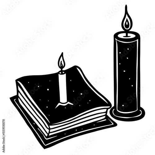 Mystical book and candle silhouette vector—great for reading lovers, candlelight story themes, or vintage-style educational art.

