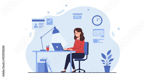 A dedicated woman in a modern flat illustration style works diligently on her laptop at a home office desk, surrounded by abstract digital icons.