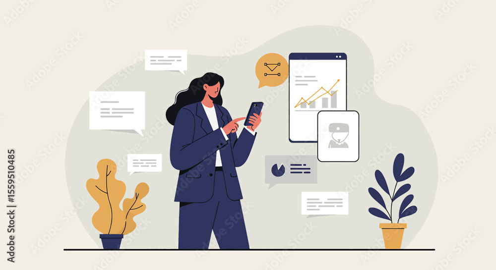 a woman in a suit standing next to a phone a woman in a suit standing next to a phone