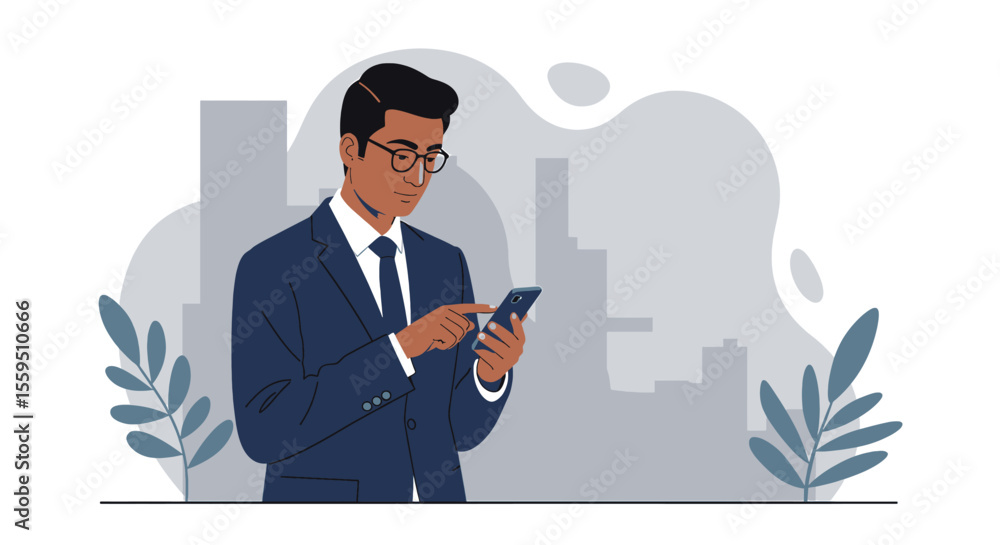 a man in a suit and glasses standing outdoors, focused on his smartphone, with a cityscape in the background. Suitable for landing page, banner, marketing, web design, presentation, infographic, etc. a man in a suit and glasses standing outdoors, focused on his smartphone, with a cityscape in the background. Suitable for landing page, banner, marketing, web design, presentation, infographic, etc.