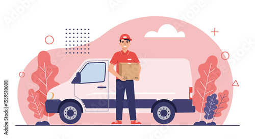 A cheerful delivery man in a red uniform stands in front of a white van, holding a cardboard box, set against a stylized pink and white background.