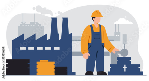 An illustration depicts a factory worker in overalls and a hard hat, standing next to the industrial facility and its smokestacks, representing manufacturing.