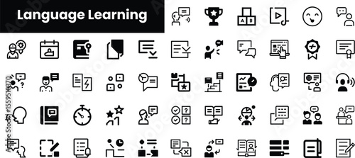 An array of black and white icons representing various aspects of language learning. The collection includes symbols for communication, study, and achievement.