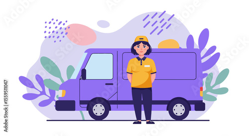 A delivery person stands in front of a purple van, illustrating a delivery service with a modern, flat design against an abstract background.