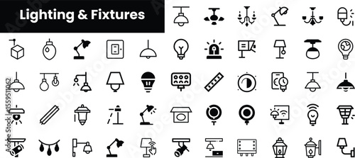 A diverse collection of black and white icons representing various lighting fixtures, including lamps, chandeliers, and wall sconces, perfect for design projects.