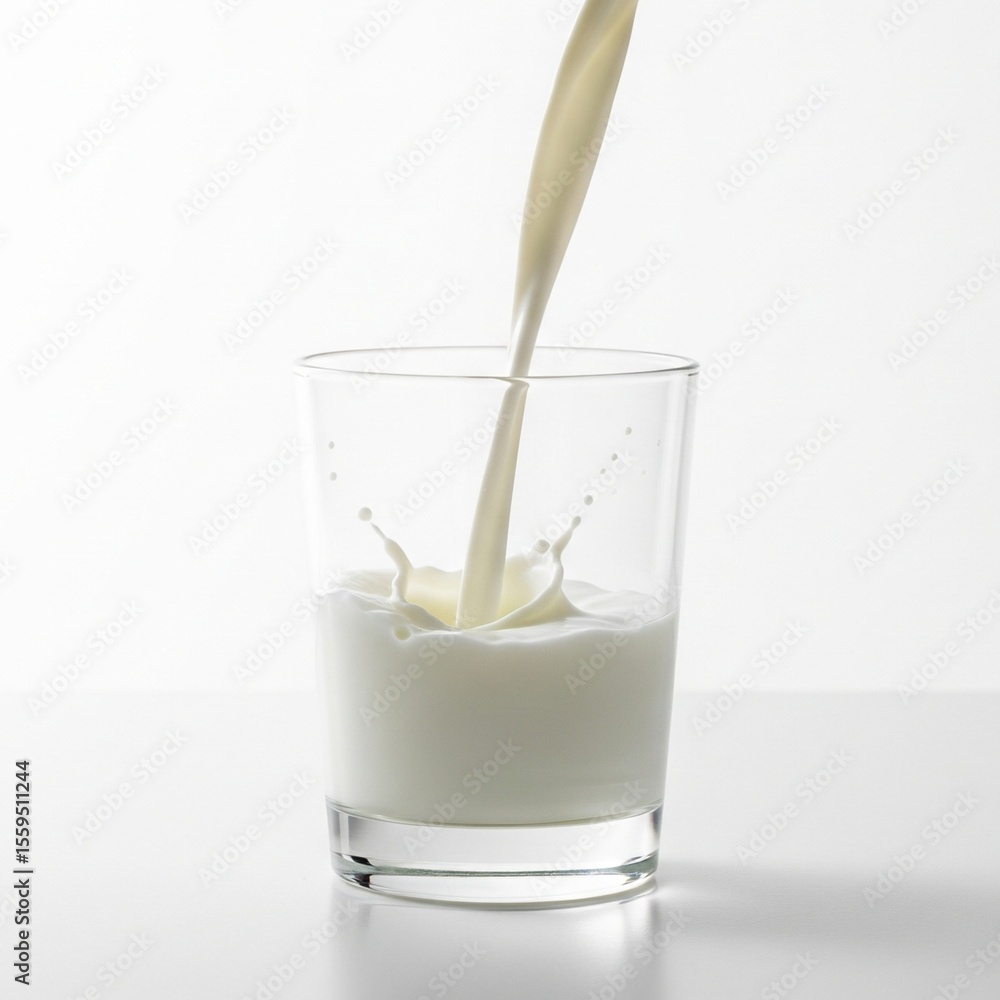 Close-up of fresh milk being poured into a clear glass with a splash, isolated on a white background. Close-up of fresh milk being poured into a clear glass with a splash, isolated on a white background.