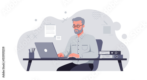 An elderly man with glasses is depicted working on a laptop at a desk, surrounded by office supplies, illustrating business and professional work.