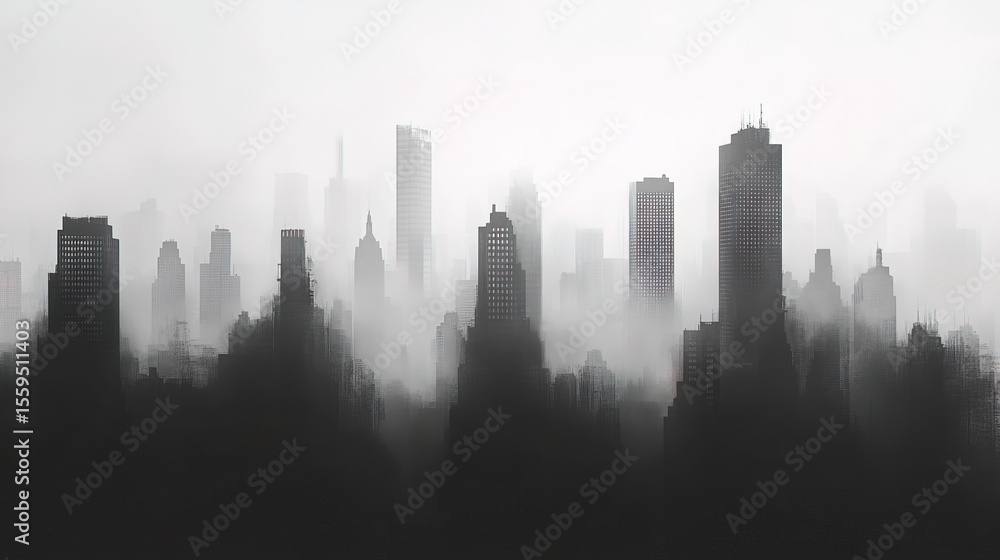 Fototapeta premium A grayscale city skyline with fog rolling in over the buildings 