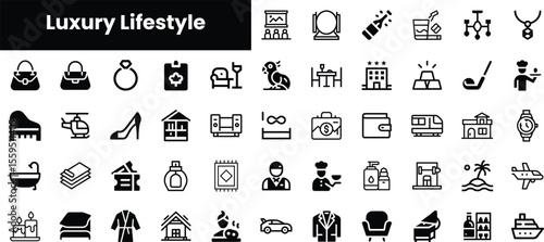 A diverse collection of luxury lifestyle icons, featuring items like jewelry, designer bags, and upscale experiences, depicting opulence and elegance.