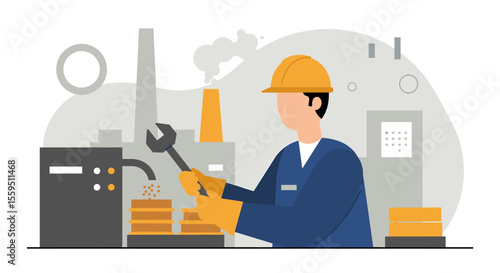 An industrial worker in a hard hat and gloves uses a wrench to maintain machinery in a factory setting, symbolizing manufacturing and engineering.