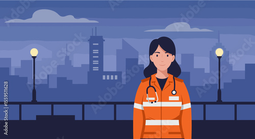 A confident female emergency responder in an orange uniform stands on a city street at night, symbolizing dedication and urban safety.