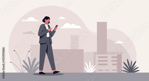 a person in a business suit walking and using a mobile phone. Suitable for landing page, banner, marketing, web design, presentation, infographic, etc.