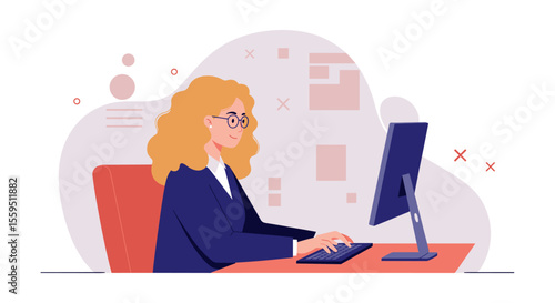 a woman with glasses working on a computer, seated at a desk with a desktop computer in front of her. Suitable for landing page, banner, marketing, web design, presentation, infographic, etc.