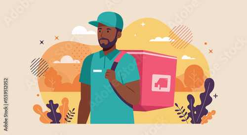 A confident Black delivery man in a teal uniform carries a large pink insulated bag, set against a vibrant, abstract autumn landscape illustration.