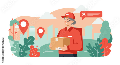 An elderly delivery woman in a red uniform smiles while carrying a package, with location pins and notification icons in a stylized illustration.