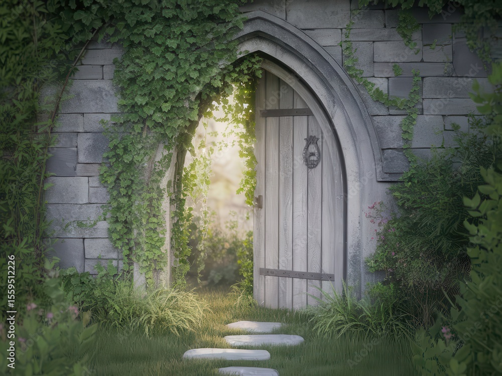 Fototapeta premium Mystical garden entrance with stone pathway and foliage overgrown walls